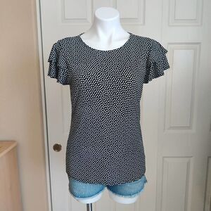 Adrianna Papell polka dot crew neck double flutter top sz S